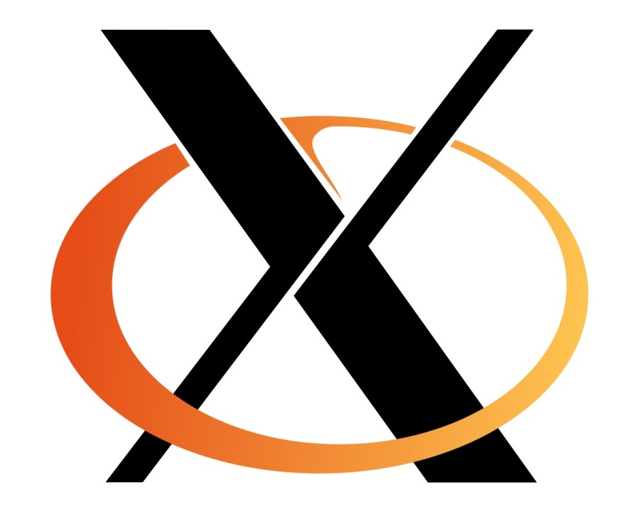 The X11 symbol, in the form of a black letter X with a heavy forward stroke and a lighter backward stroke, with a narrow gap in the middle of the chiasm, and an orange ovoid (with a gradient from left to right, darker orange and thicker at the left to lighter orange and thinner on the right) round the whole X figure, passing in front of the X strokes at the bottom and running behind them up above